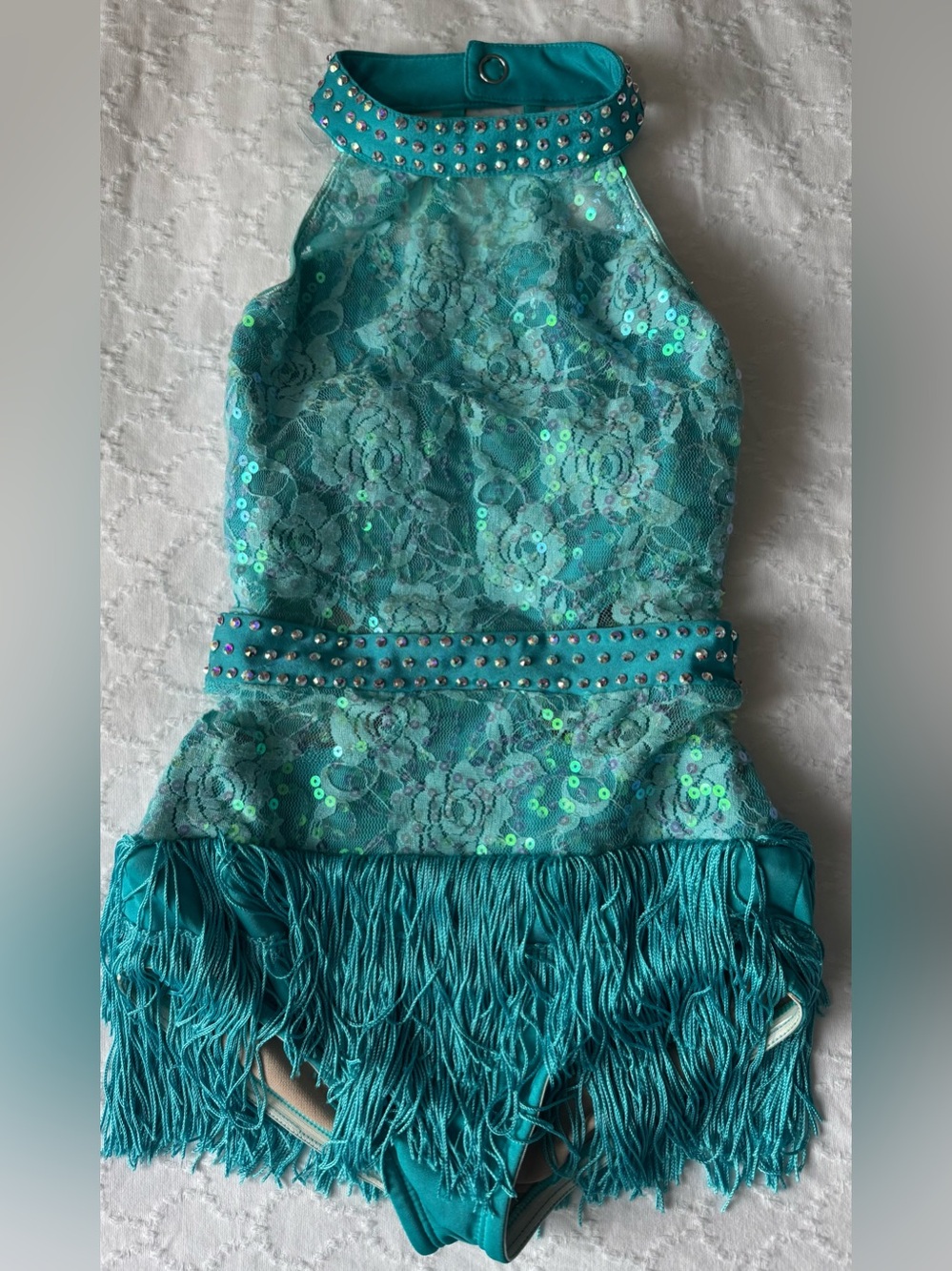 10TH HOUSE ONE PIECE LC TURQUOISE BLUE LACE SEQUIN DANCE COSTUMERHINESTONES